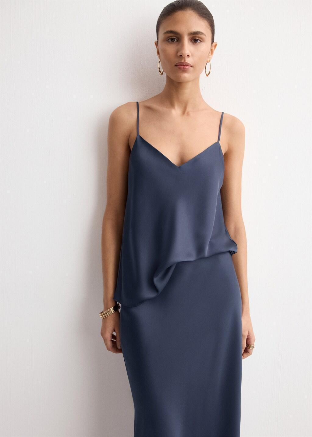 Blue Satin Long Skirt, Dark Blue, large image number 4