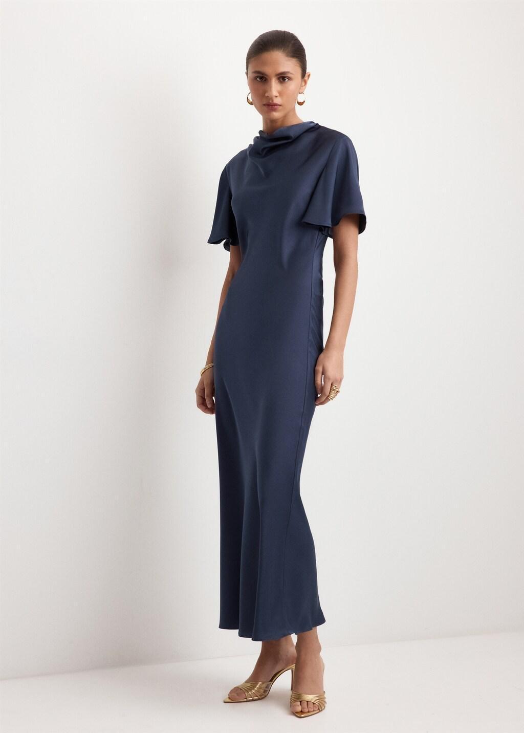 Blue Long Dress With Draped Neck, Dark Blue, large image number 0