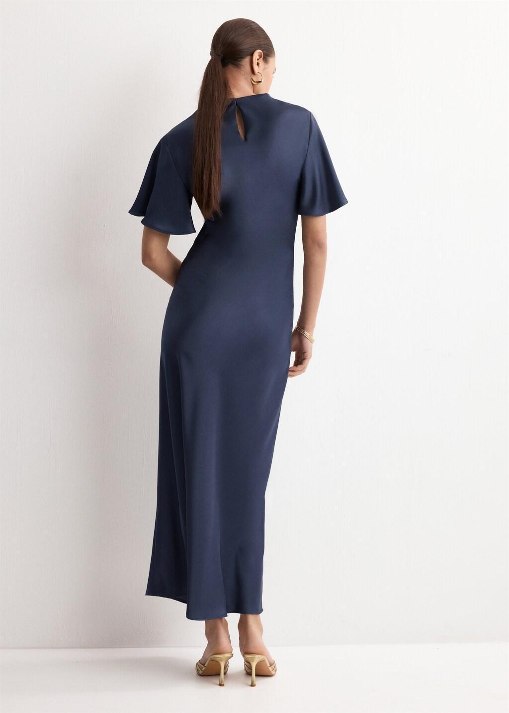 Blue Long Dress With Draped Neck, Dark Blue, large image number 2