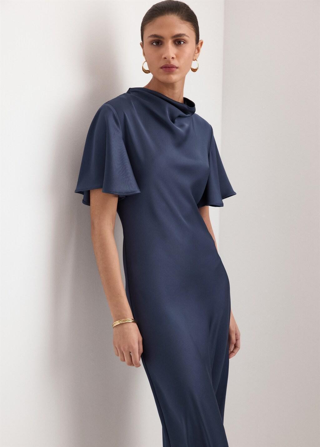 Blue Long Dress With Draped Neck, Dark Blue, large image number 3