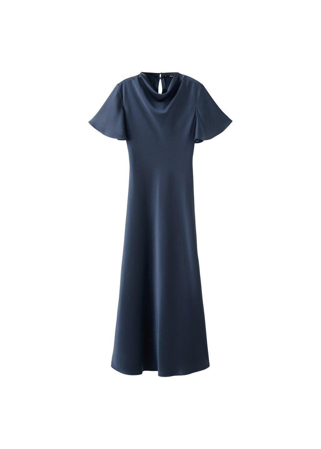 Blue Long Dress With Draped Neck, Dark Blue, large image number 6