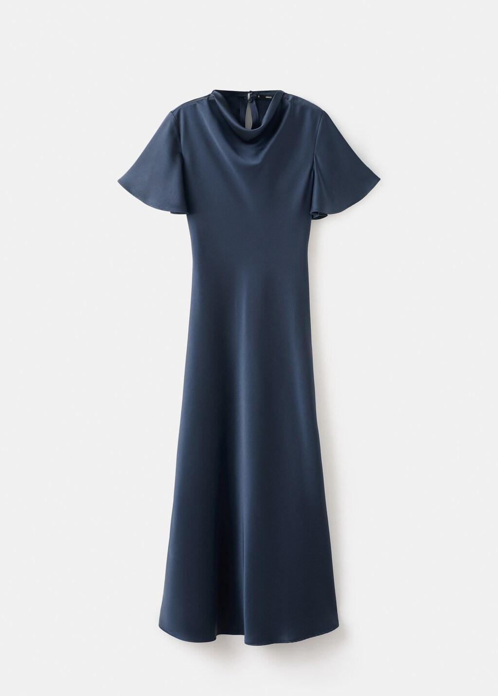 Blue Long Dress With Draped Neck, Dark Blue, large image number 7