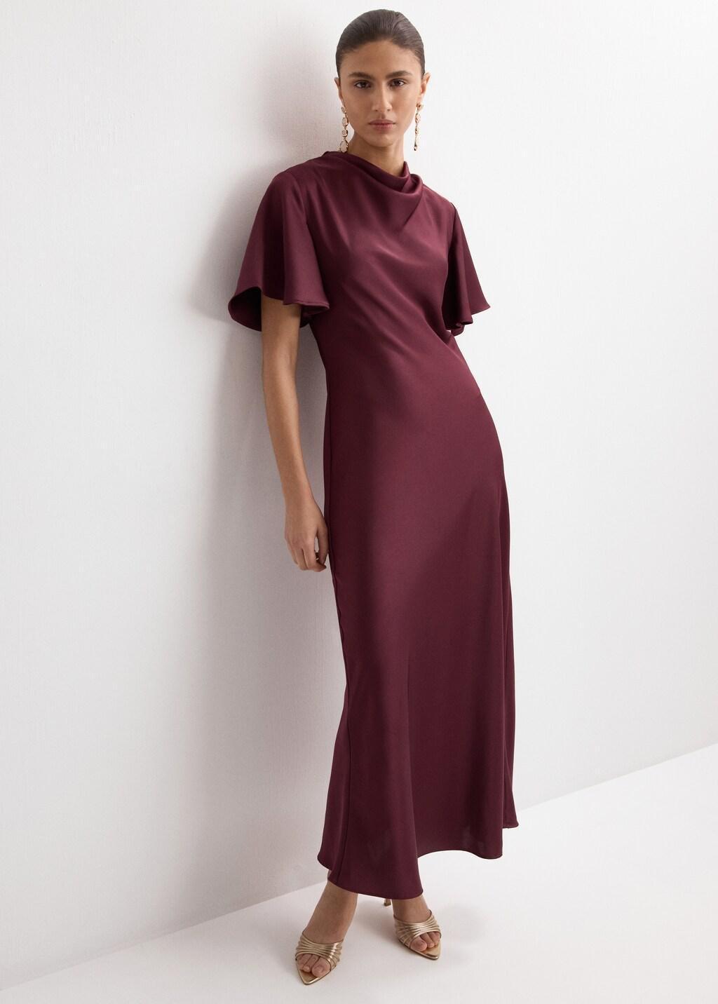 Red Long Dress With Draped Neck, Dark Red, large image number 0