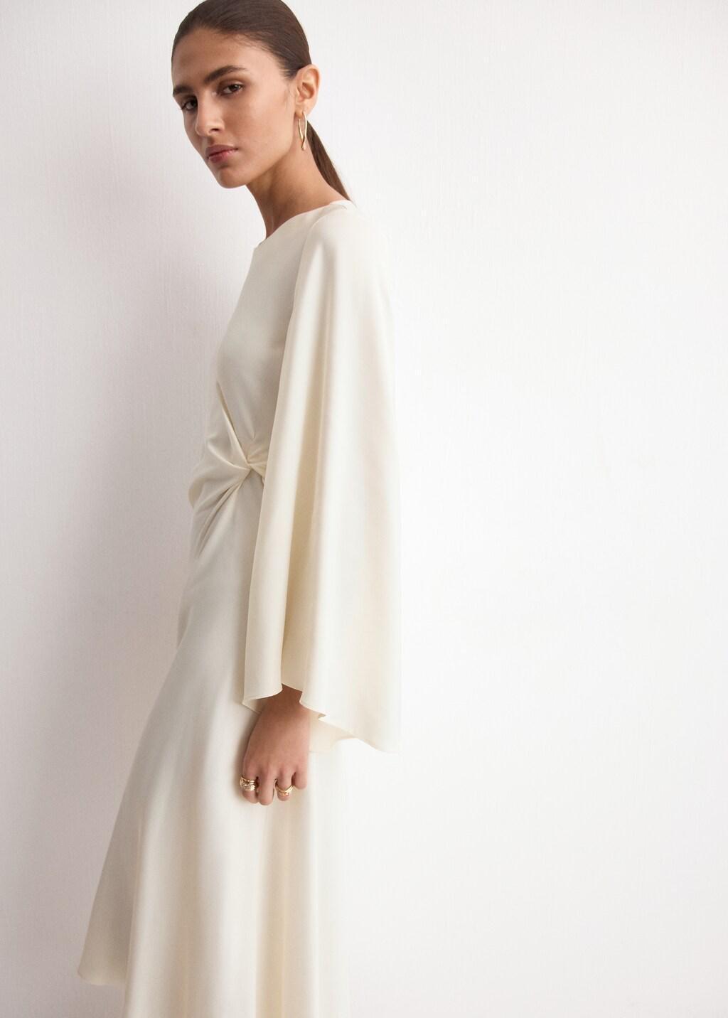 Beige Ruched Satin Dress, Light Beige, large image number 3