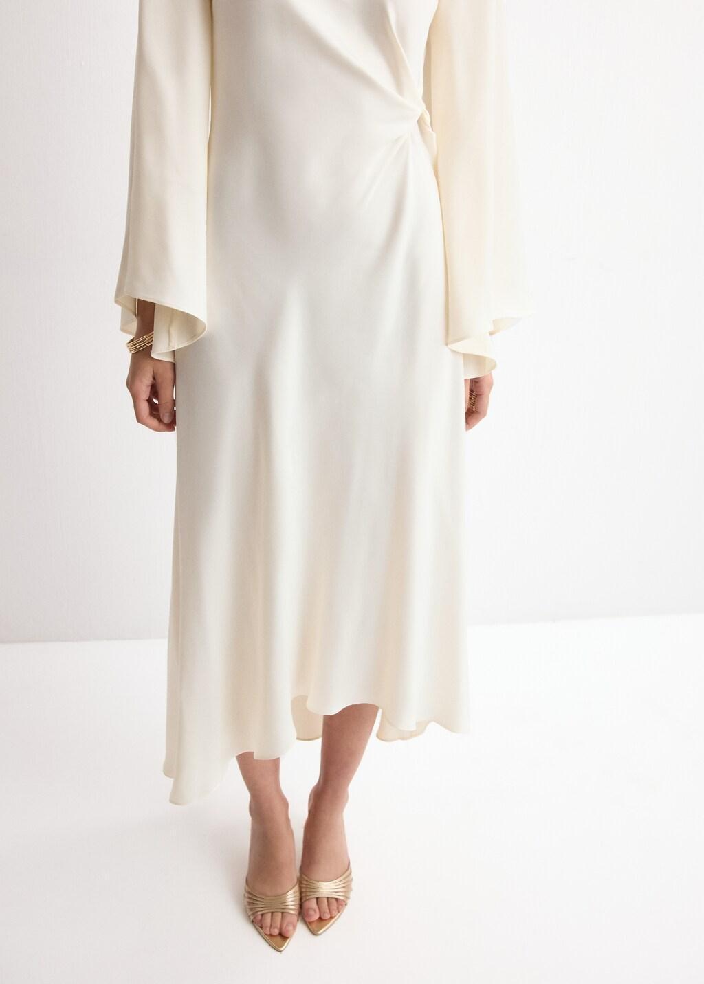 Beige Ruched Satin Dress, Light Beige, large image number 6