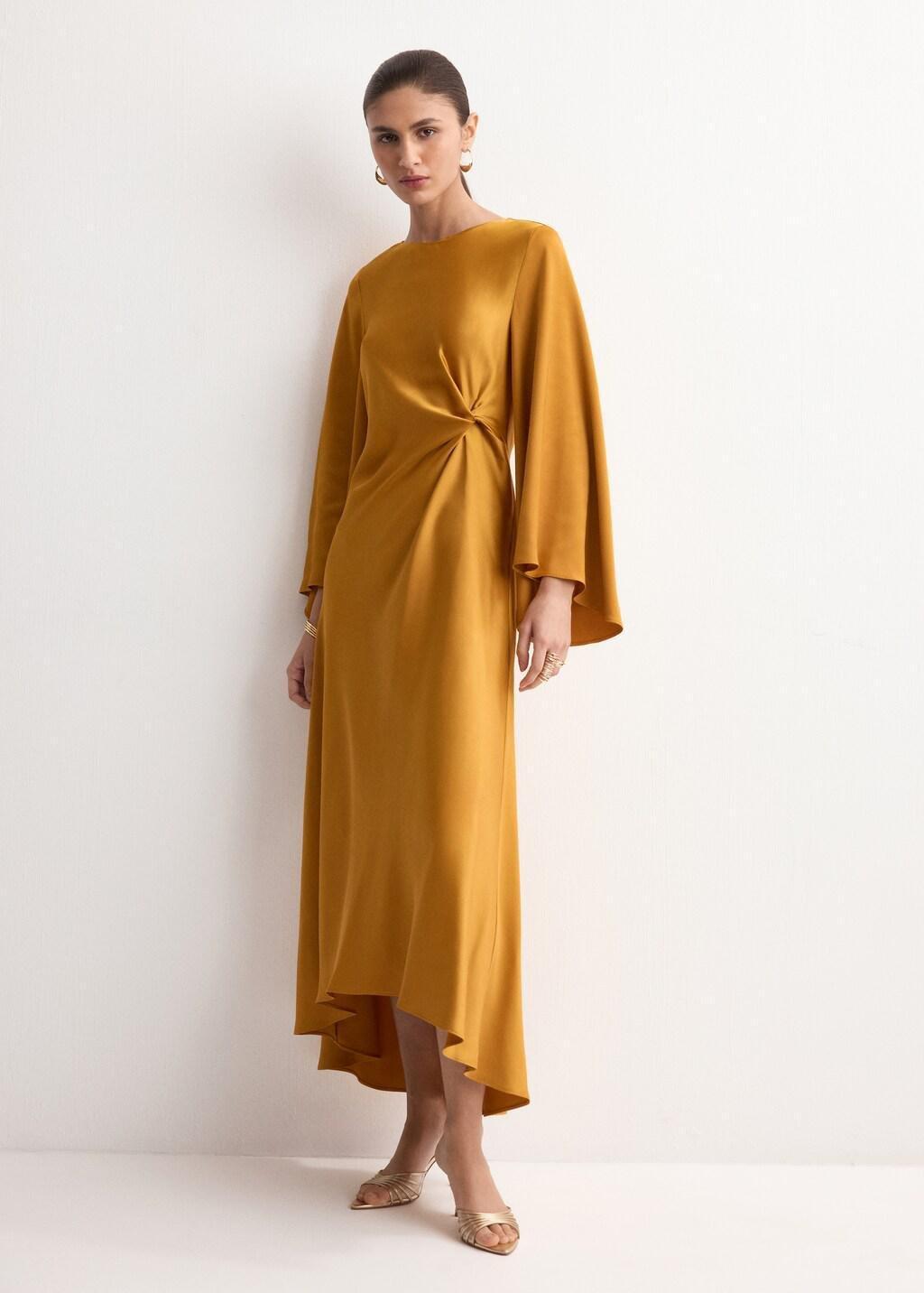 Yellow Ruched Satin Dress, Dark Yellow, medium