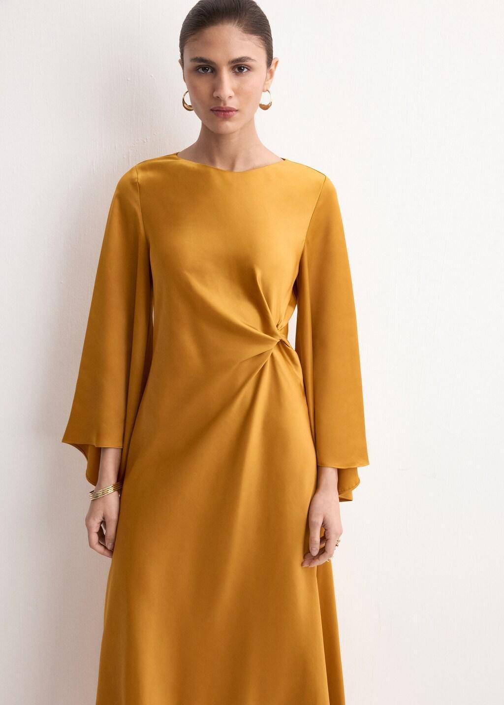 Yellow Ruched Satin Dress, Dark Yellow, large image number 3