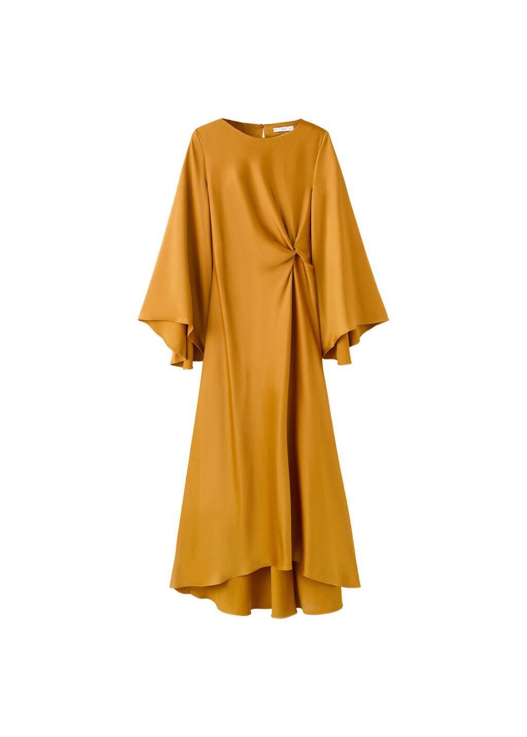 Yellow Ruched Satin Dress, Dark Yellow, large image number 6