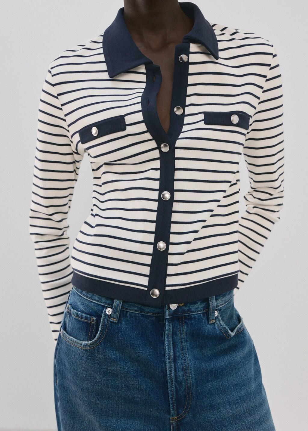 Navy Striped Cardigan With Jewel Buttons, Navy, large image number 3