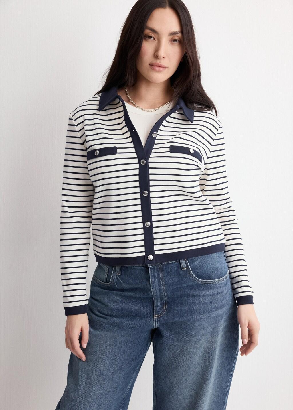 Navy Striped Cardigan With Jewel Buttons, Navy, large image number 6