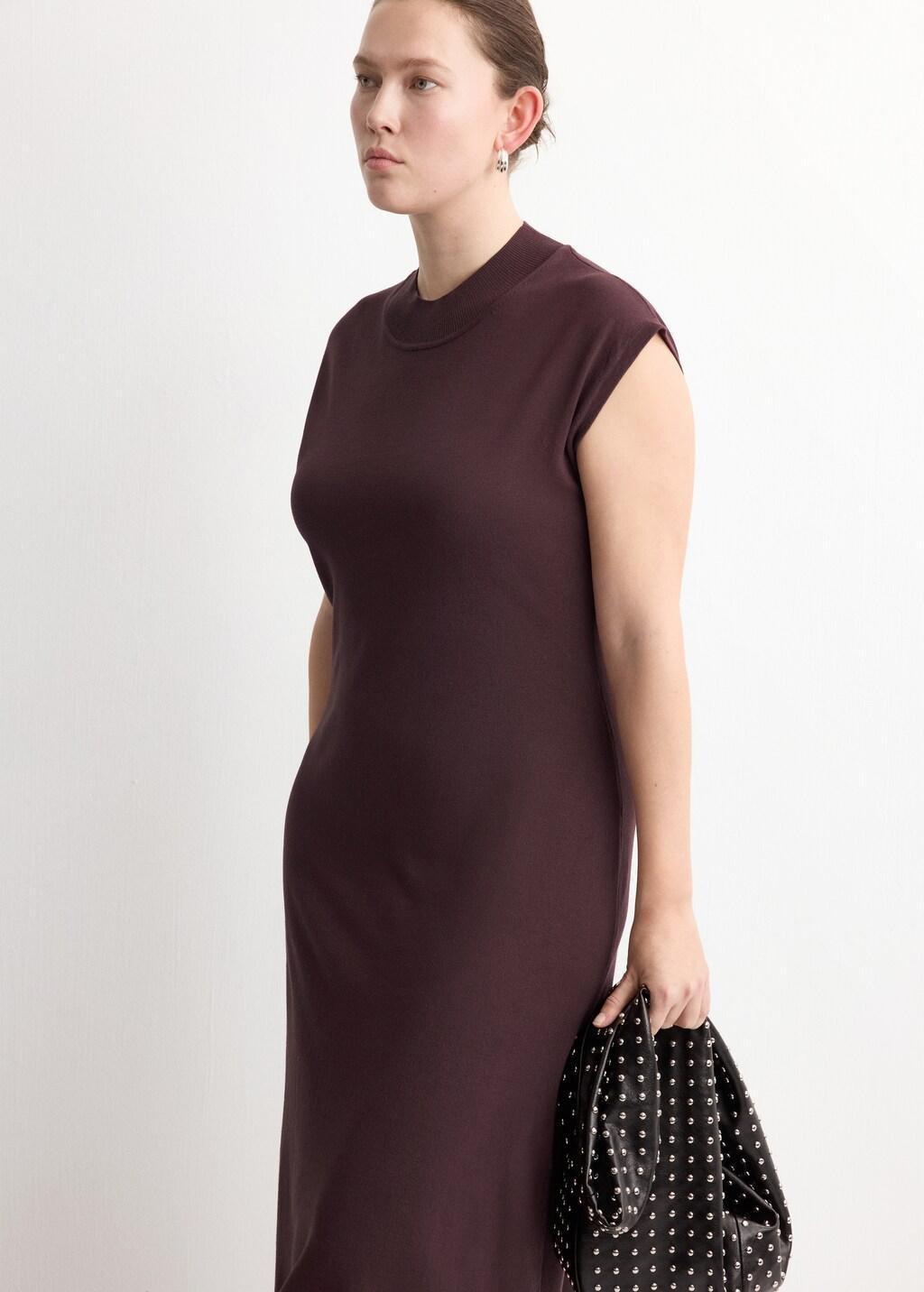 Brown Perkins-Neck Knitted Dress, Dark Brown, large image number 6