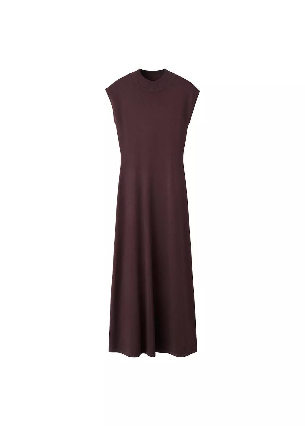Brown Perkins-Neck Knitted Dress, Dark Brown, large image number 7