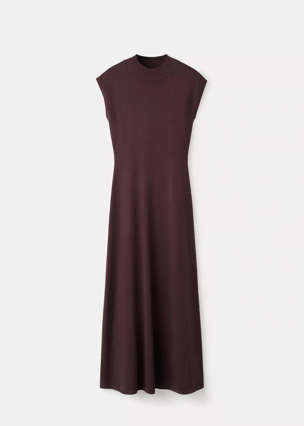 Brown Perkins-Neck Knitted Dress, Dark Brown, large image number 8