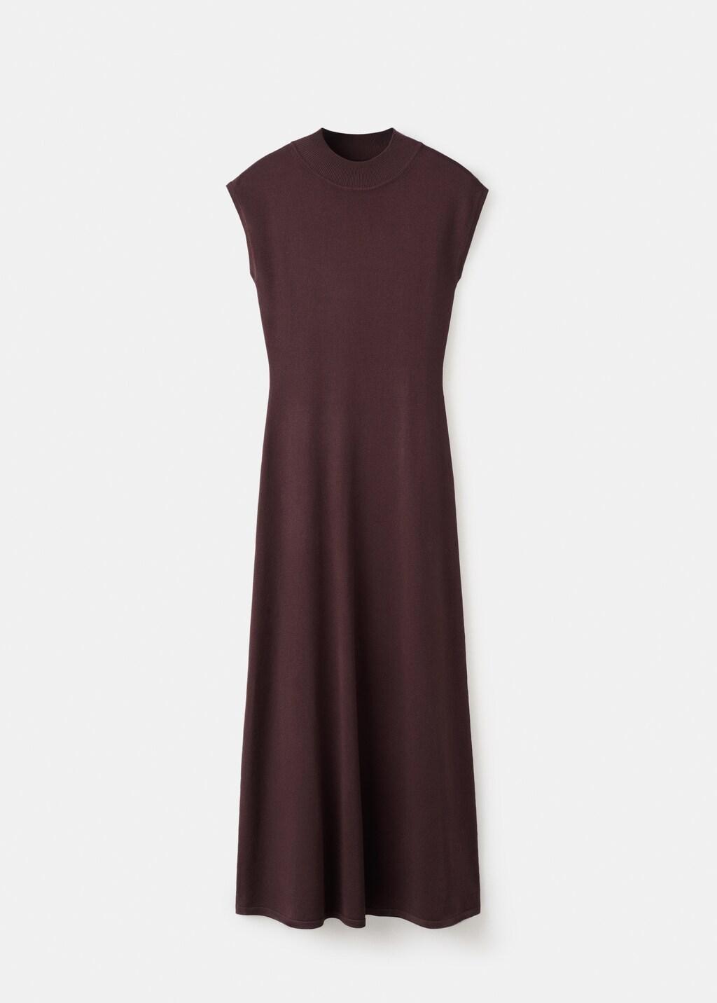 Brown Perkins-Neck Knitted Dress, Dark Brown, large image number 8