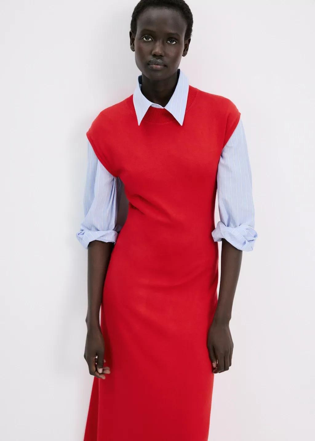 Red Perkins-Neck Knitted Dress, Red, large image number 3