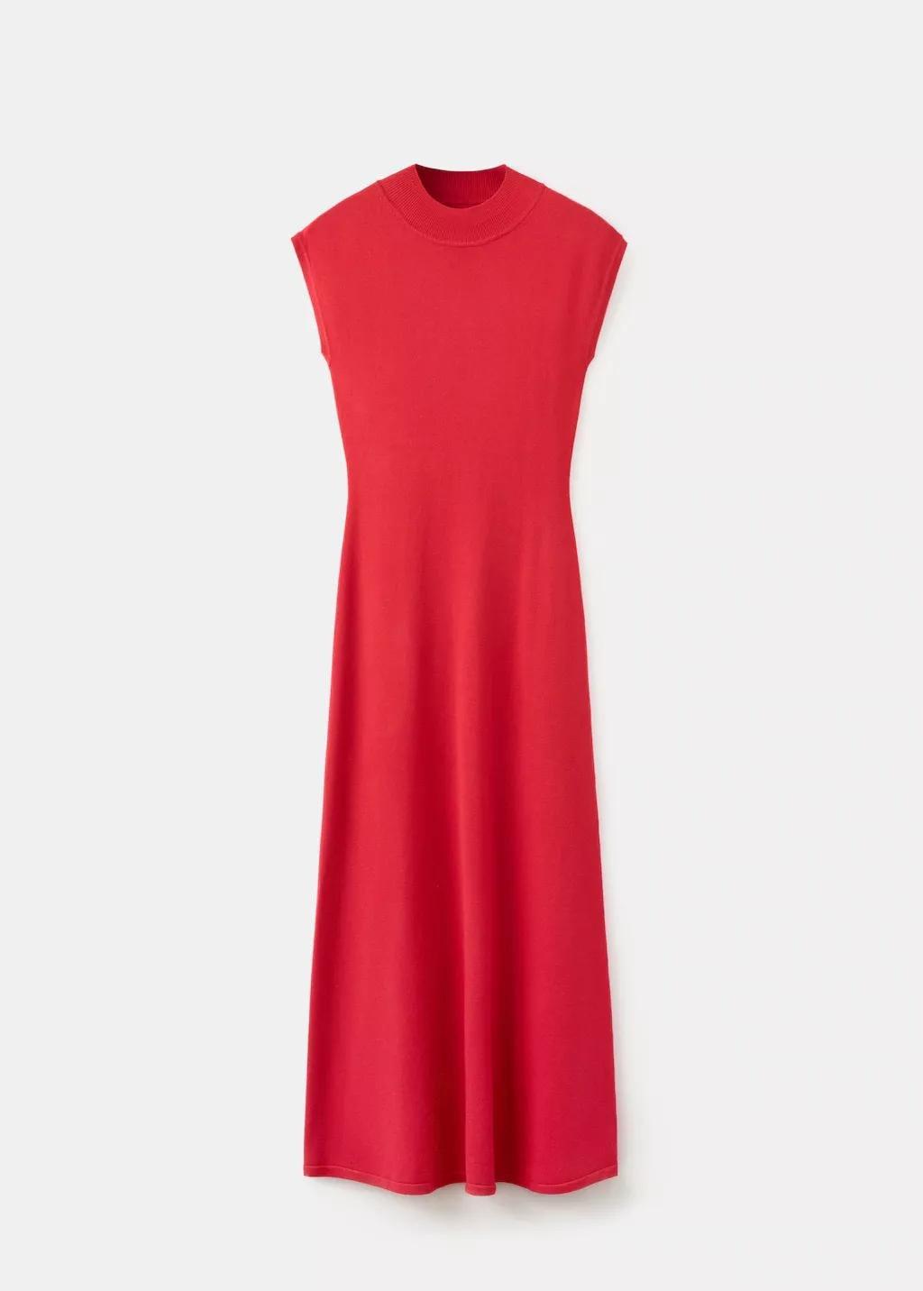 Red Perkins-Neck Knitted Dress, Red, large image number 7