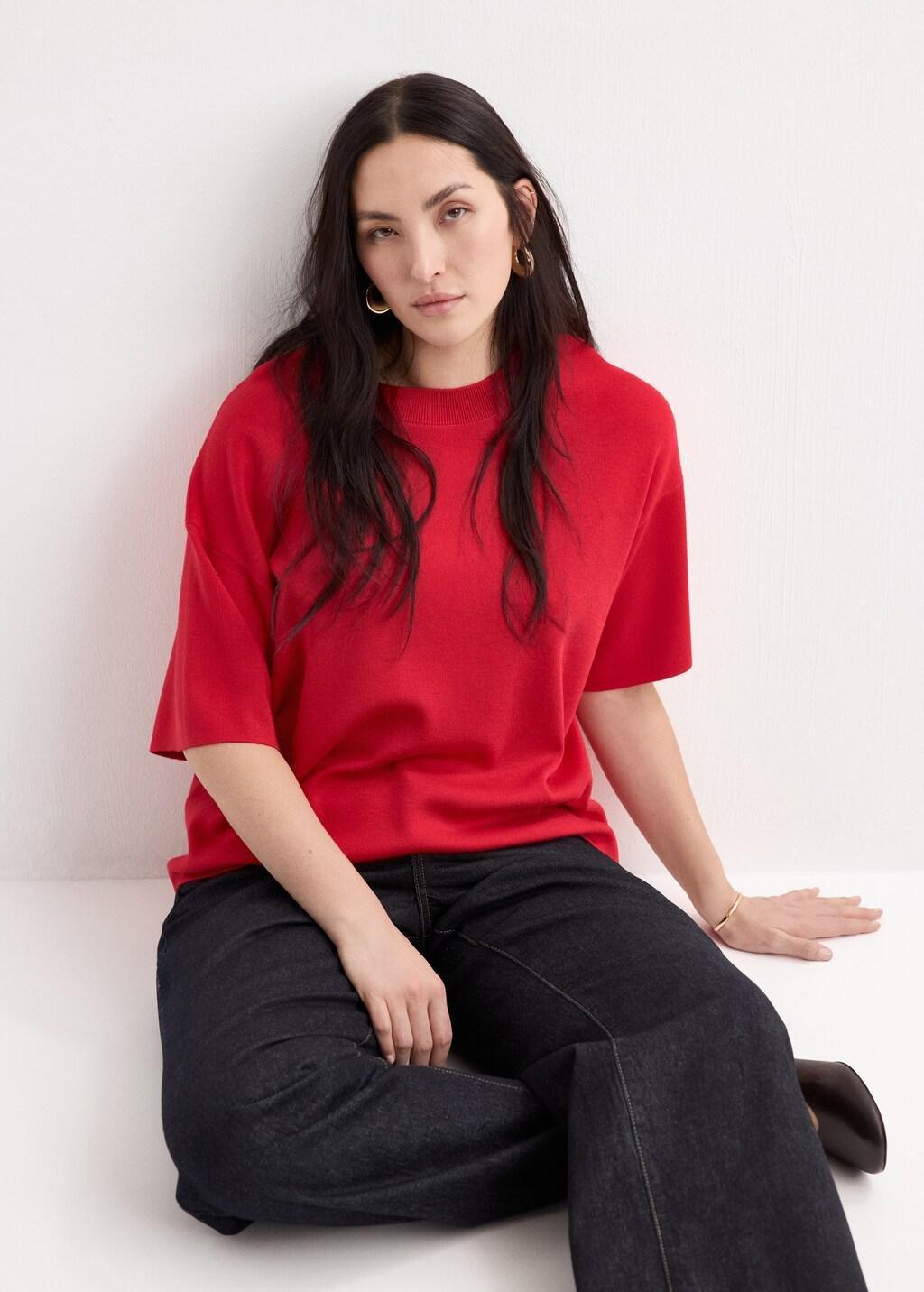 Red Oversize Short Sleeve Sweater, Red, large image number 5