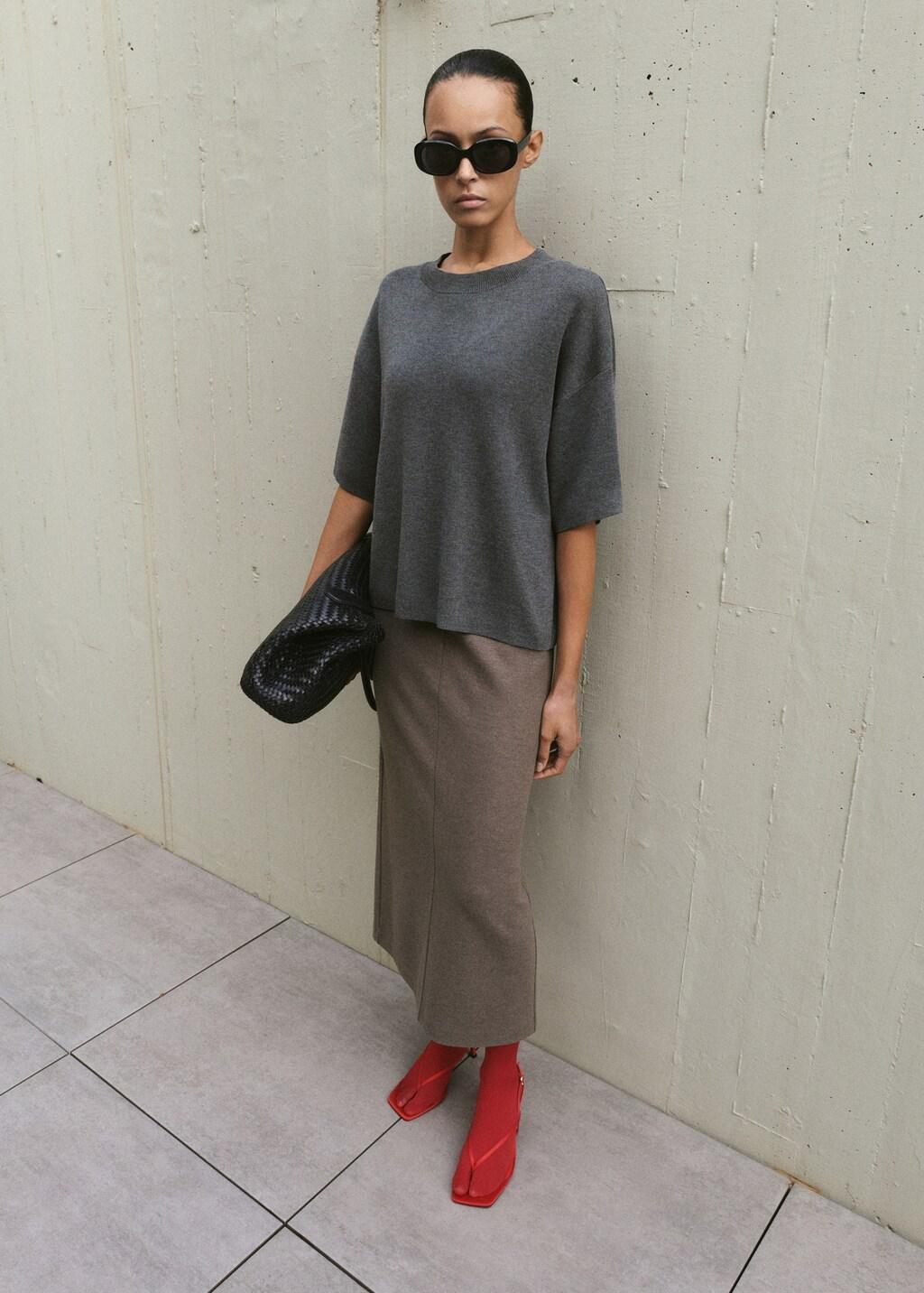 Grey Oversize Short Sleeve Sweater, Charcoal, medium