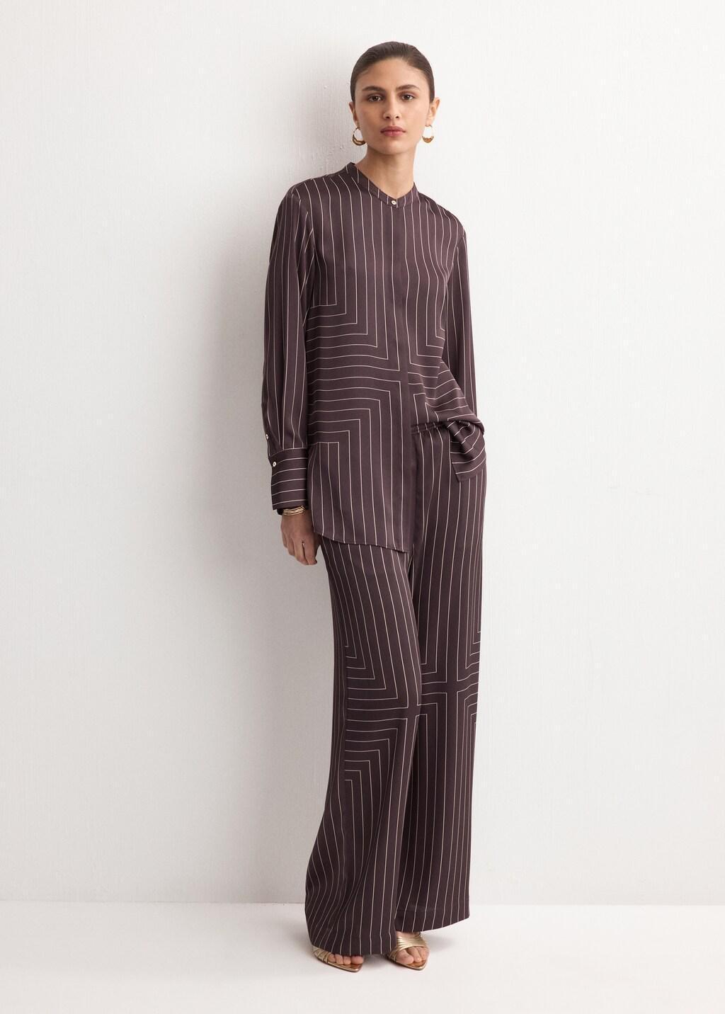 Brown Geometric-Print Satin Trousers, Dark Brown, large image number 0