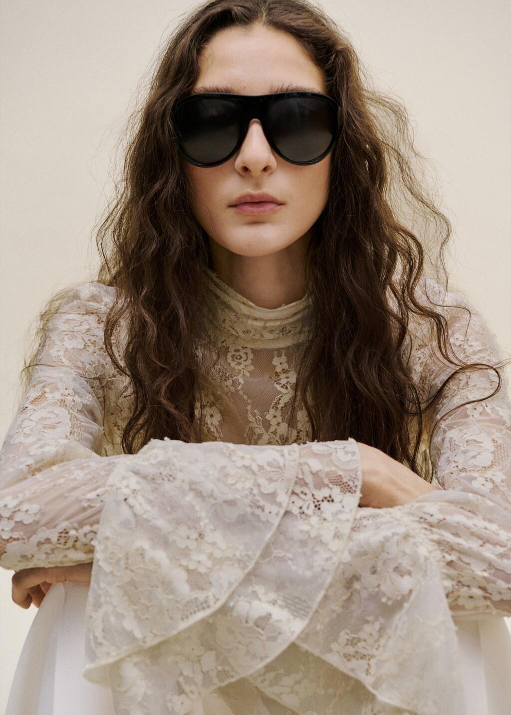 Beige Ruffled Embroidered Blouse, Light Beige, large image number 3