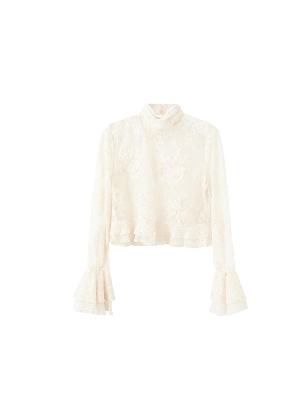 Beige Ruffled Embroidered Blouse, Light Beige, large image number 5