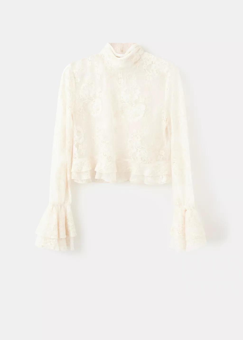 Beige Ruffled Embroidered Blouse, Light Beige, large image number 6