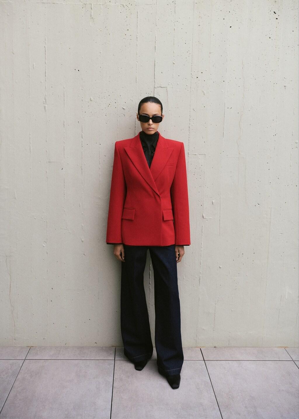 Red Fitted Double-Breasted Blazer, Red, large image number 0