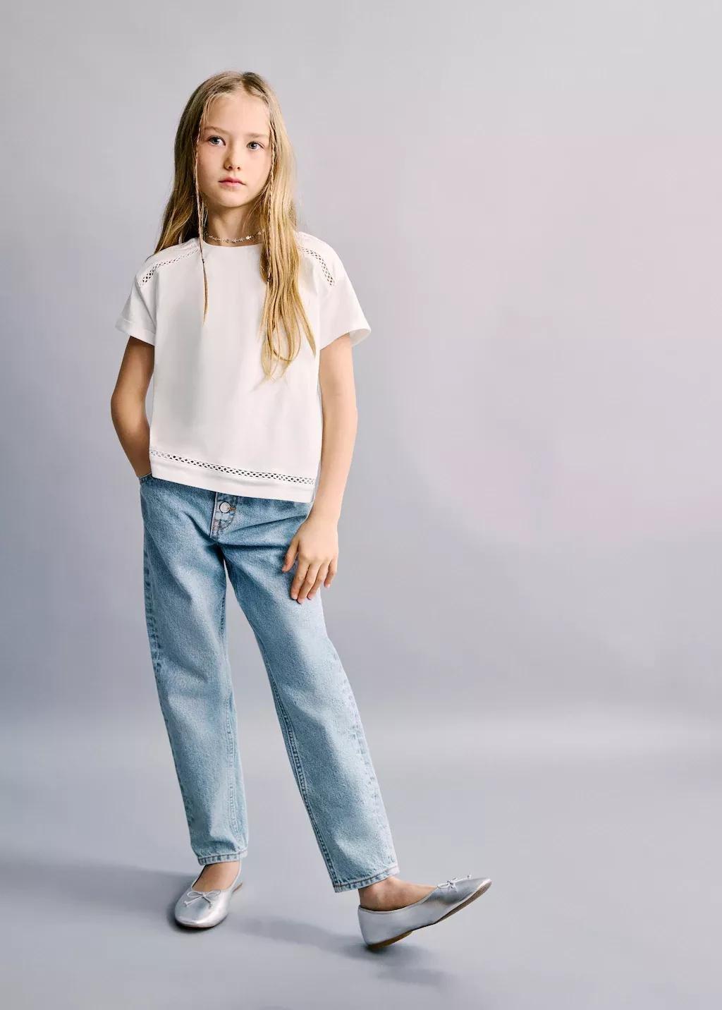 White Openwork Details T-Shirt, Kids Girls, Natural White, large image number 0