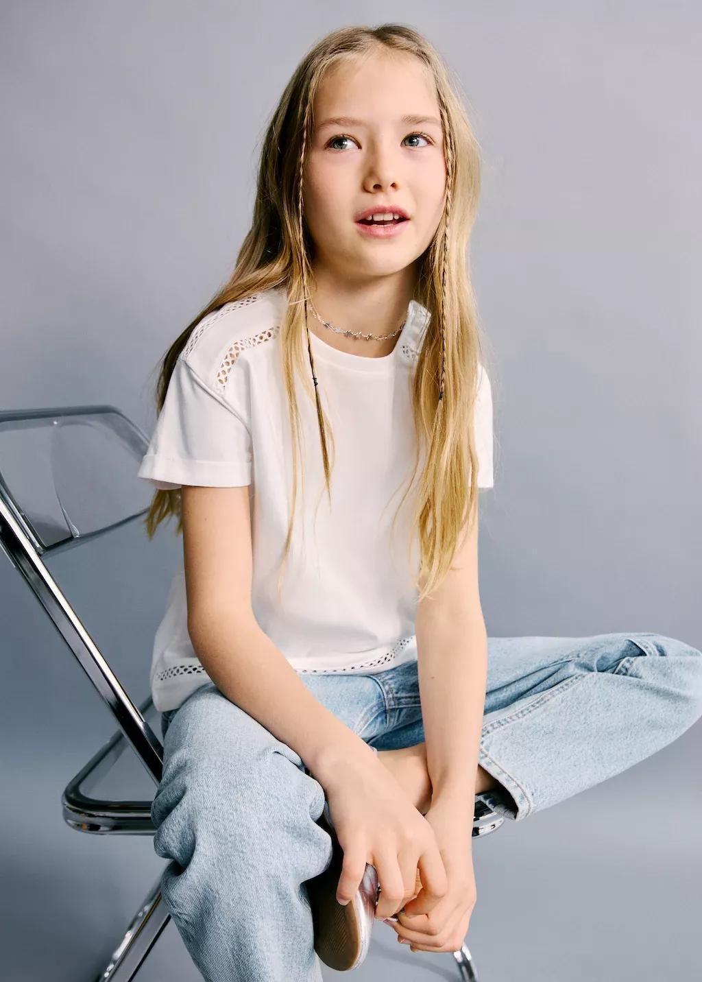 White Openwork Details T-Shirt, Kids Girls, Natural White, large image number 3