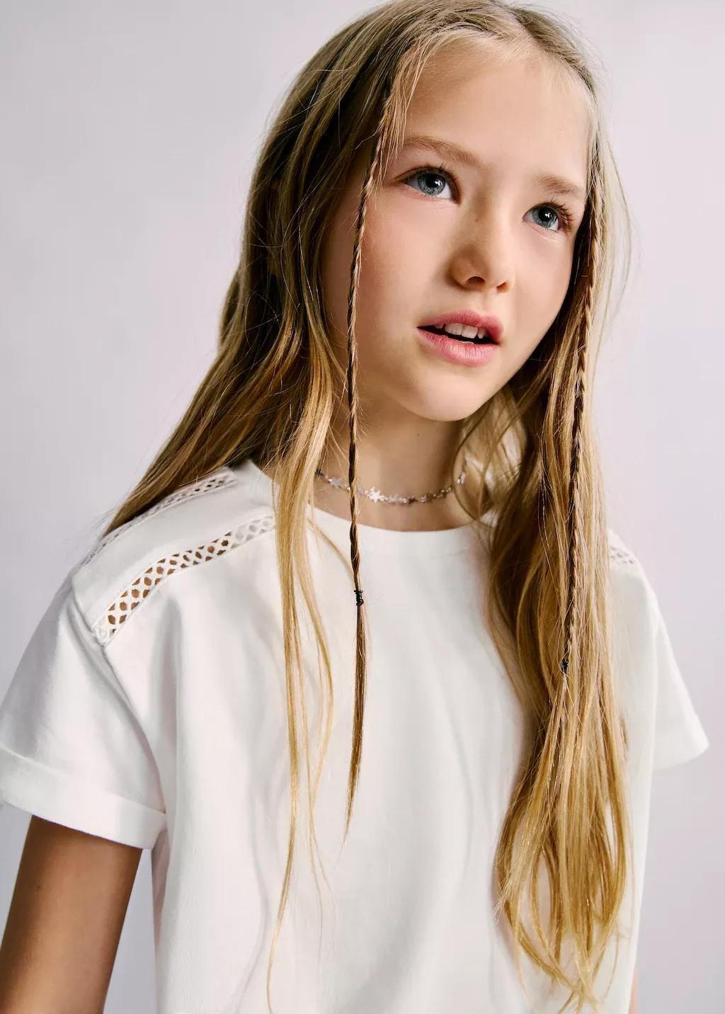 White Openwork Details T-Shirt, Kids Girls, Natural White, large image number 4