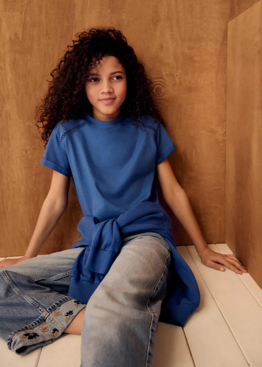 Blue Openwork Details T-Shirt, Kids Girls, Bright Blue, large image number 3