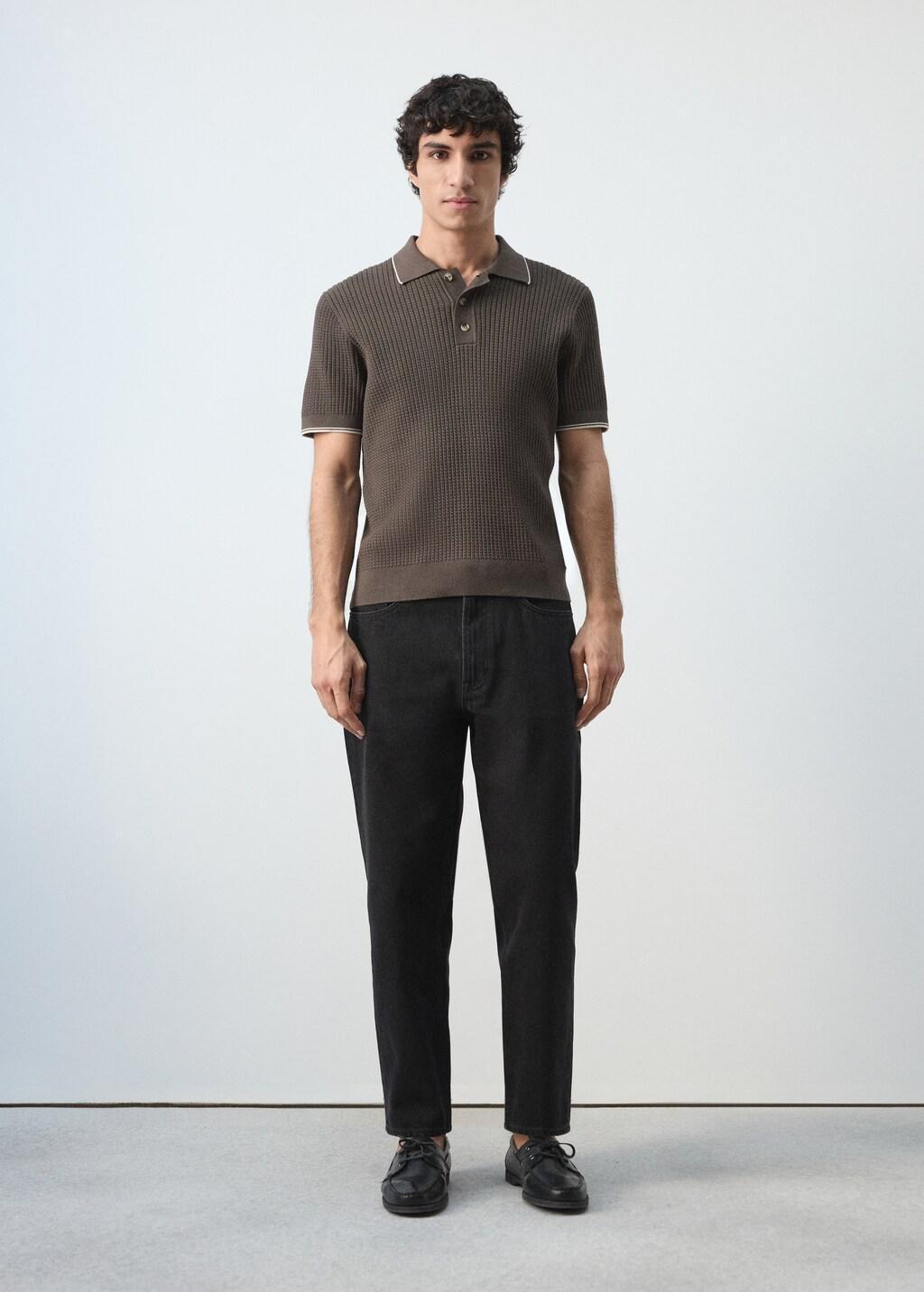 Brown Fine-Knit Herringbone Polo Shirt, Dark Brown, large image number 0
