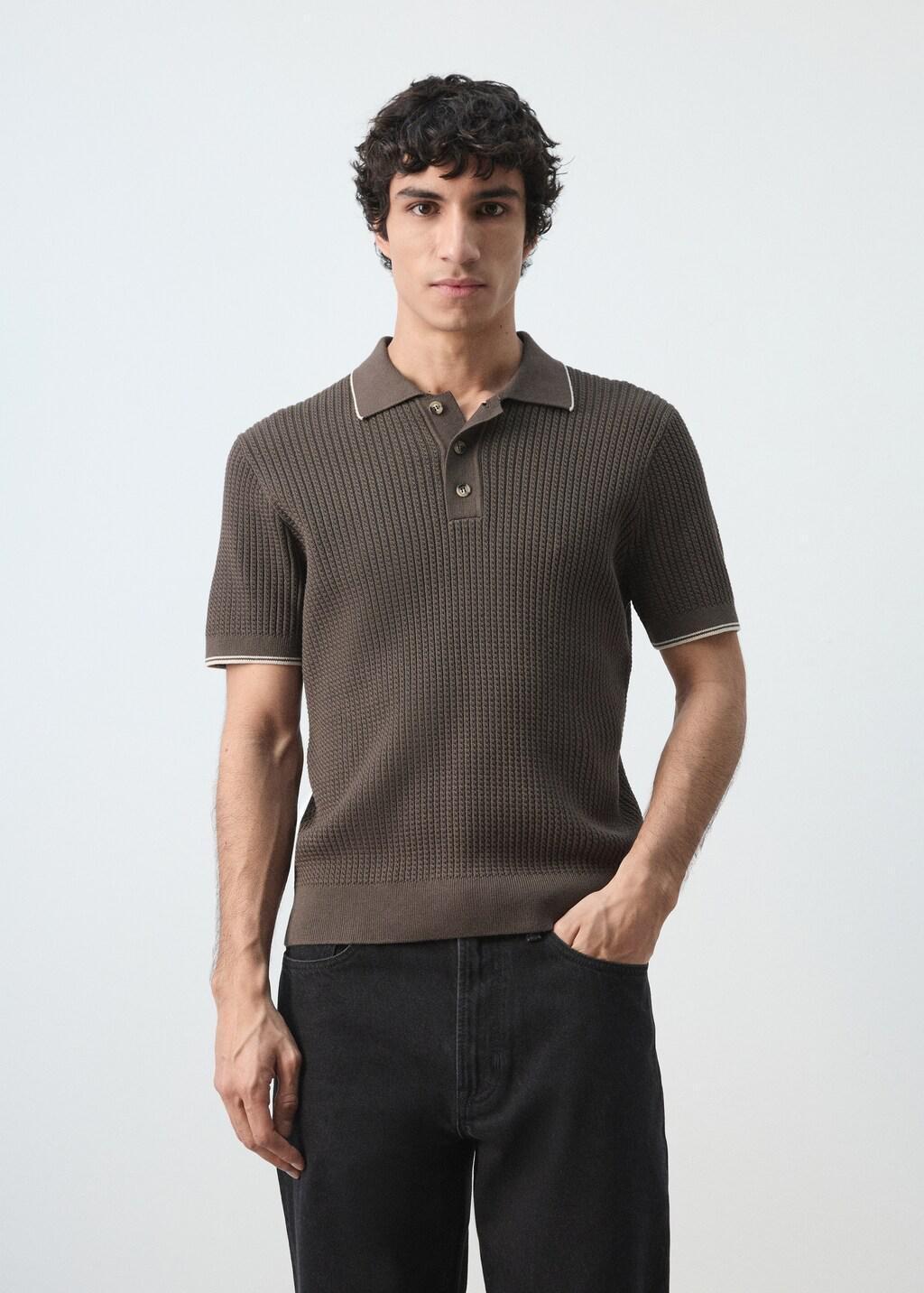Brown Fine-Knit Herringbone Polo Shirt, Dark Brown, large image number 3