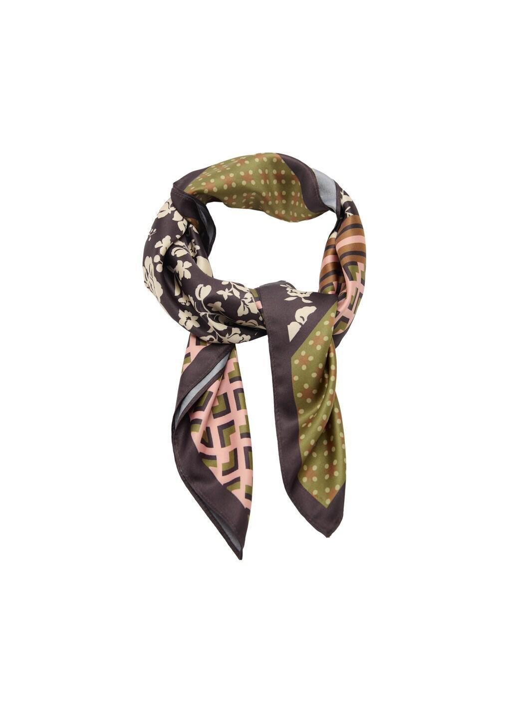 Khaki Printed Satin Scarf, Beige - Khaki, large image number 1