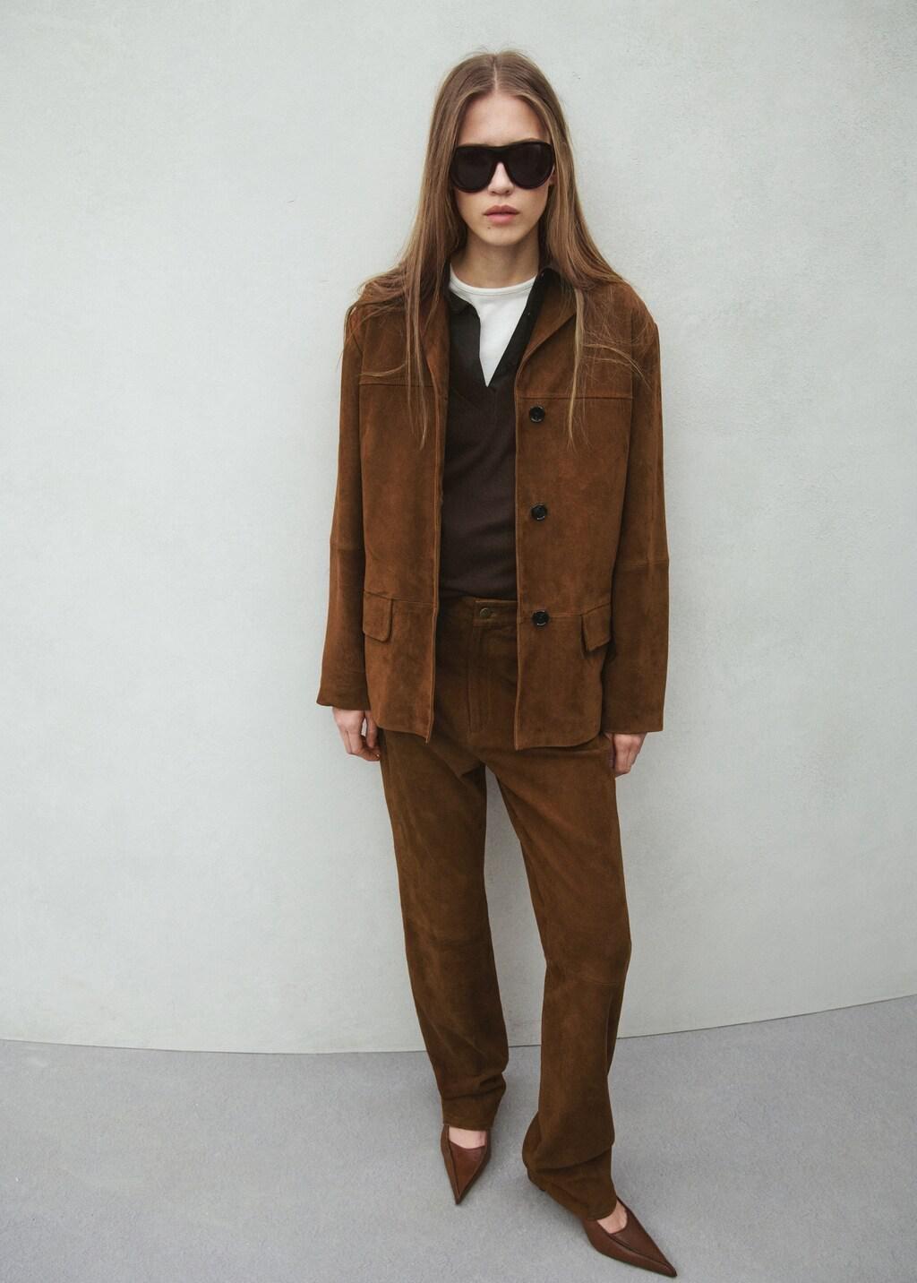 Brown Straight Blazer With Front Stitching, Medium Brown, large image number 0