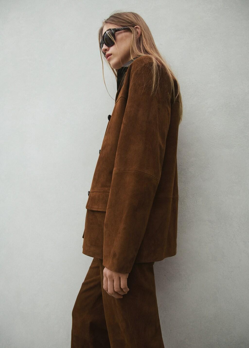 Brown Straight Blazer With Front Stitching, Medium Brown, large image number 3