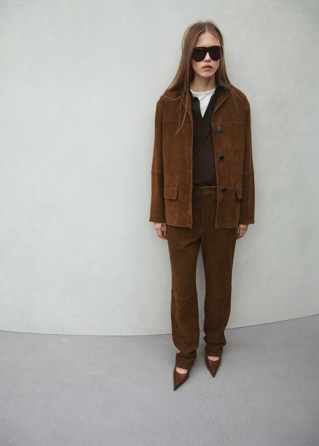 Straight-Fit Leather Trousers, Medium Brown, large image number 0