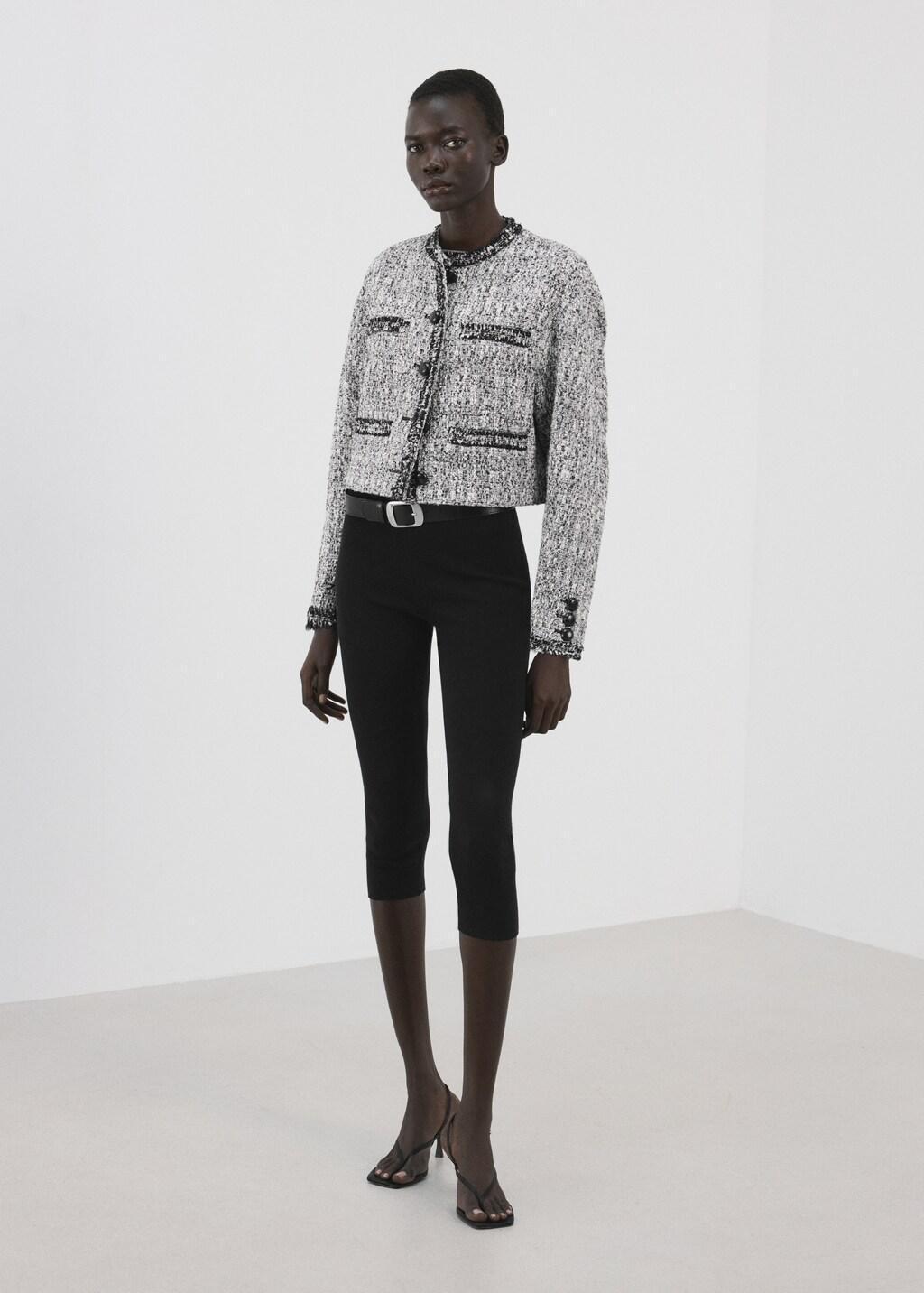 Black Tweed Jacket With Frayed Ends, Black, medium