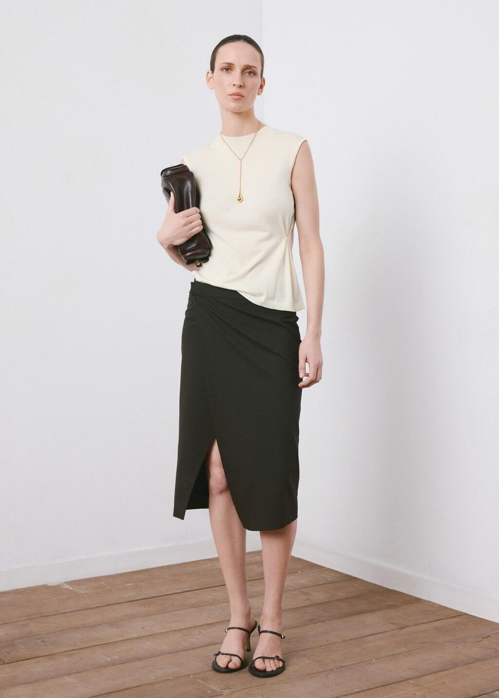 Beige Side Gathered Knitted Top, Light Beige, medium