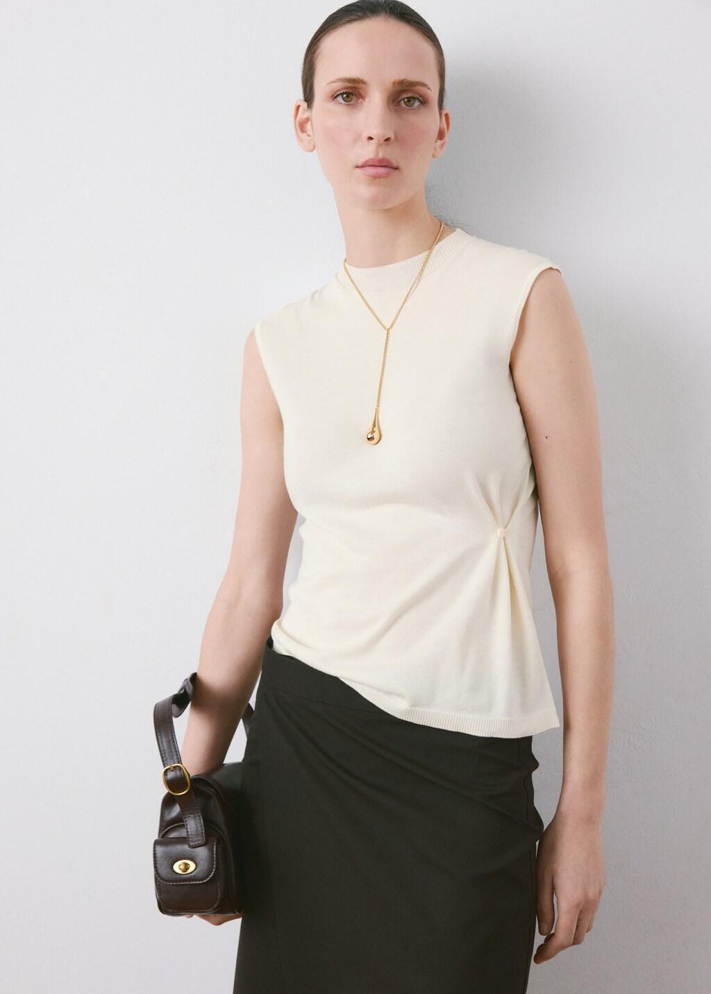 Beige Side Gathered Knitted Top, Light Beige, large image number 3