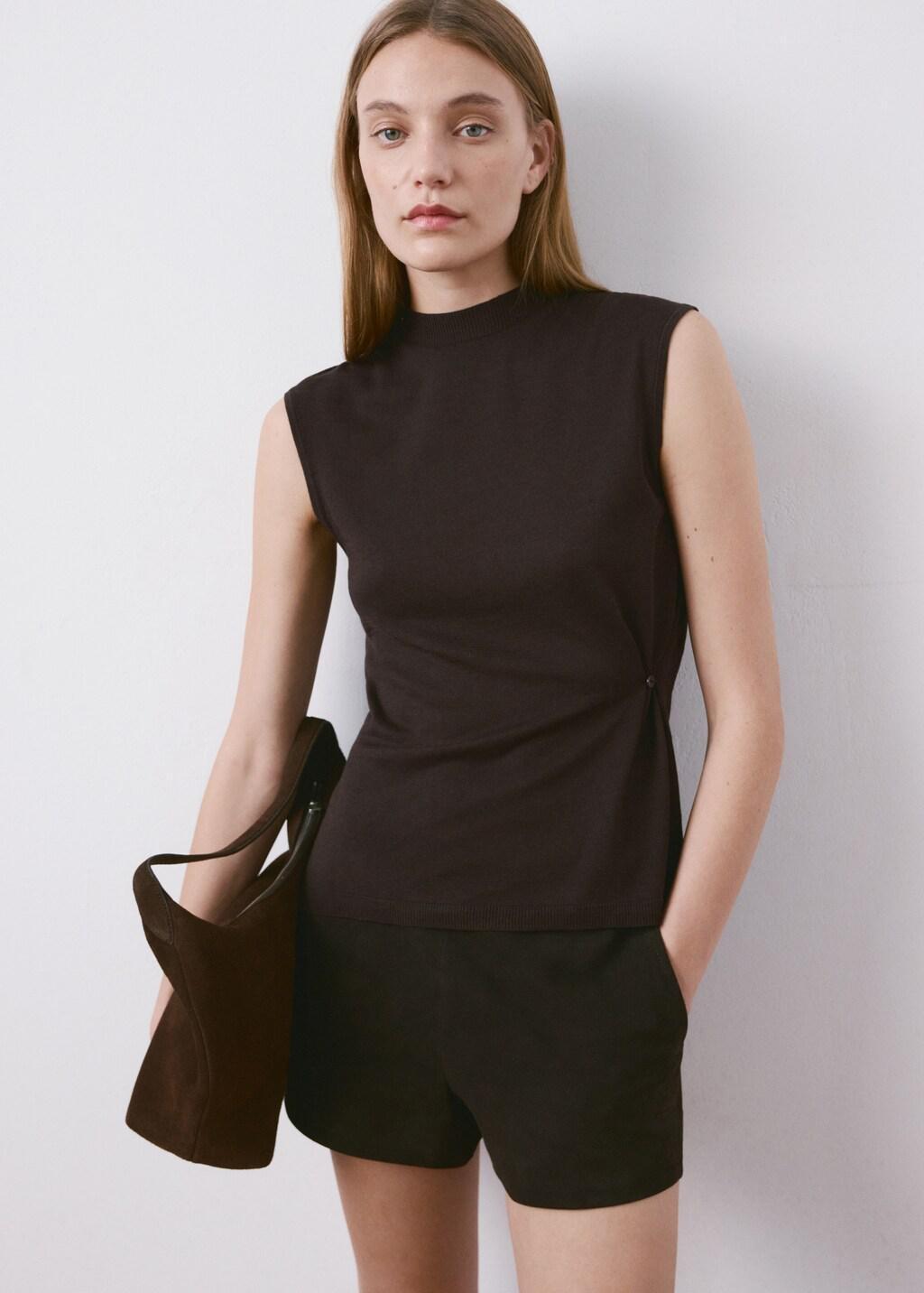 Brown Side Gathered Knitted Top, Dark Brown, large image number 6