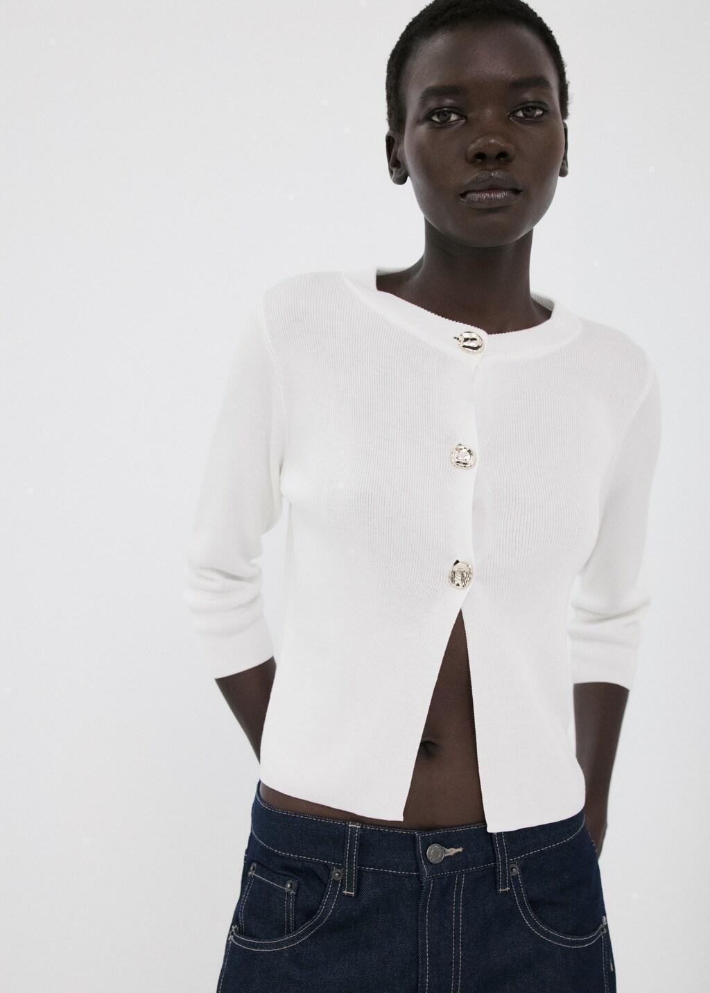 Beige Knitted Cardigan With Jewel Button, 0201_05, large image number 3