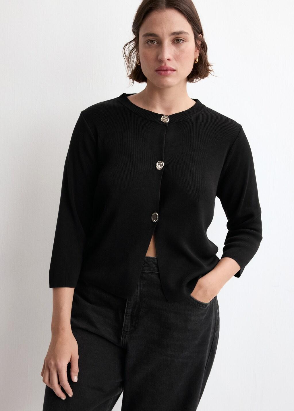 Black Knitted Cardigan With Jewel Button, Black, large image number 5