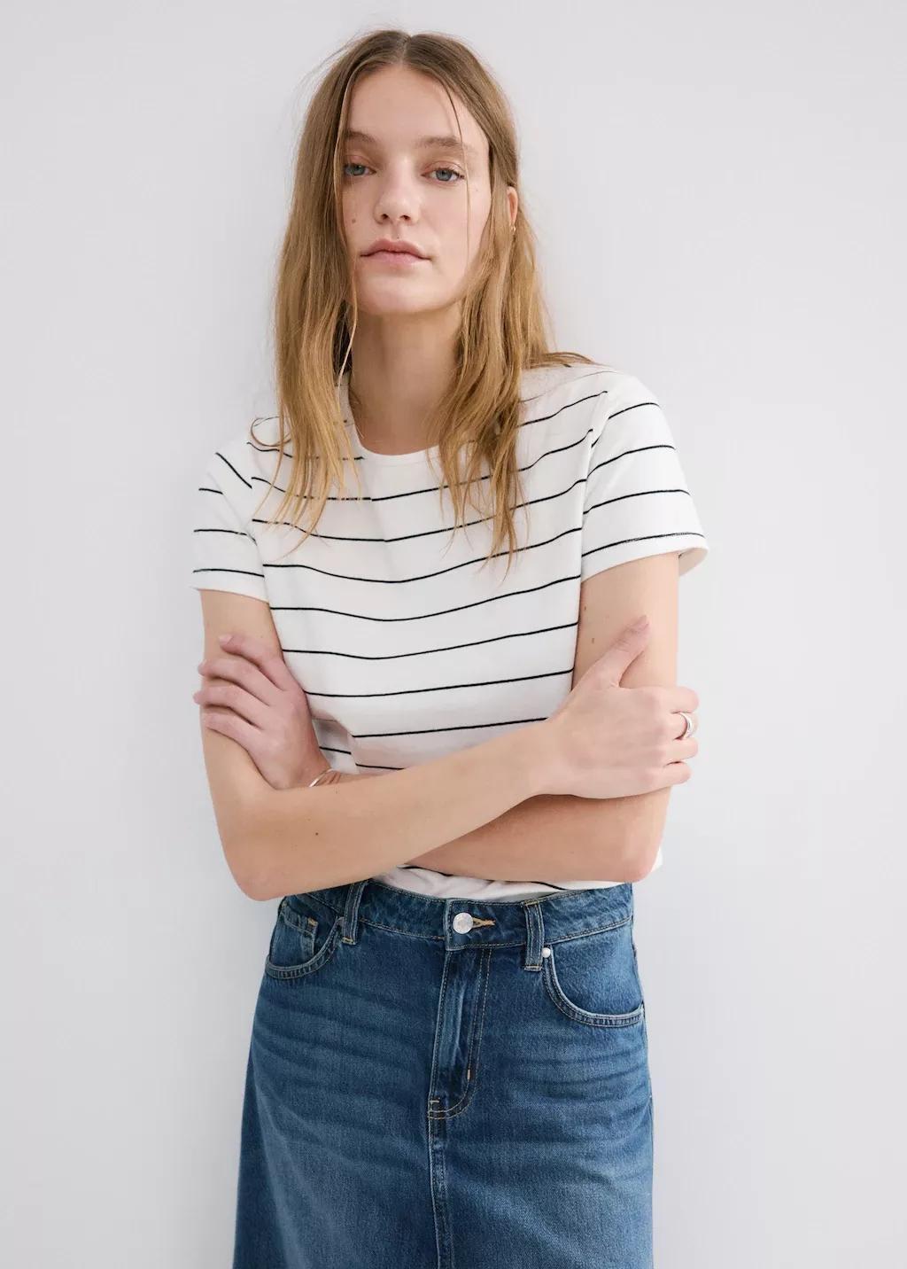 Cream Striped Cotton T-Shirt, 0201_02, large image number 3