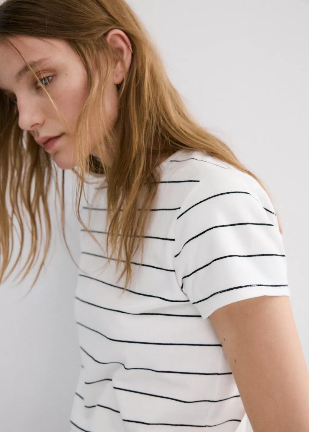 Cream Striped Cotton T-Shirt, 0201_02, large image number 4