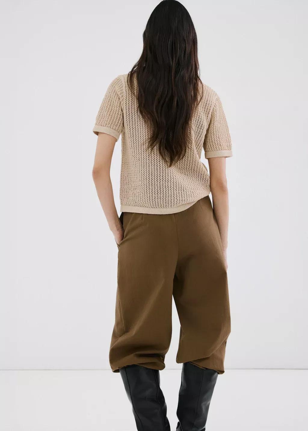 Brown Short-Sleeved Openwork Knitted Cardigan, Light Pastel Brown, medium