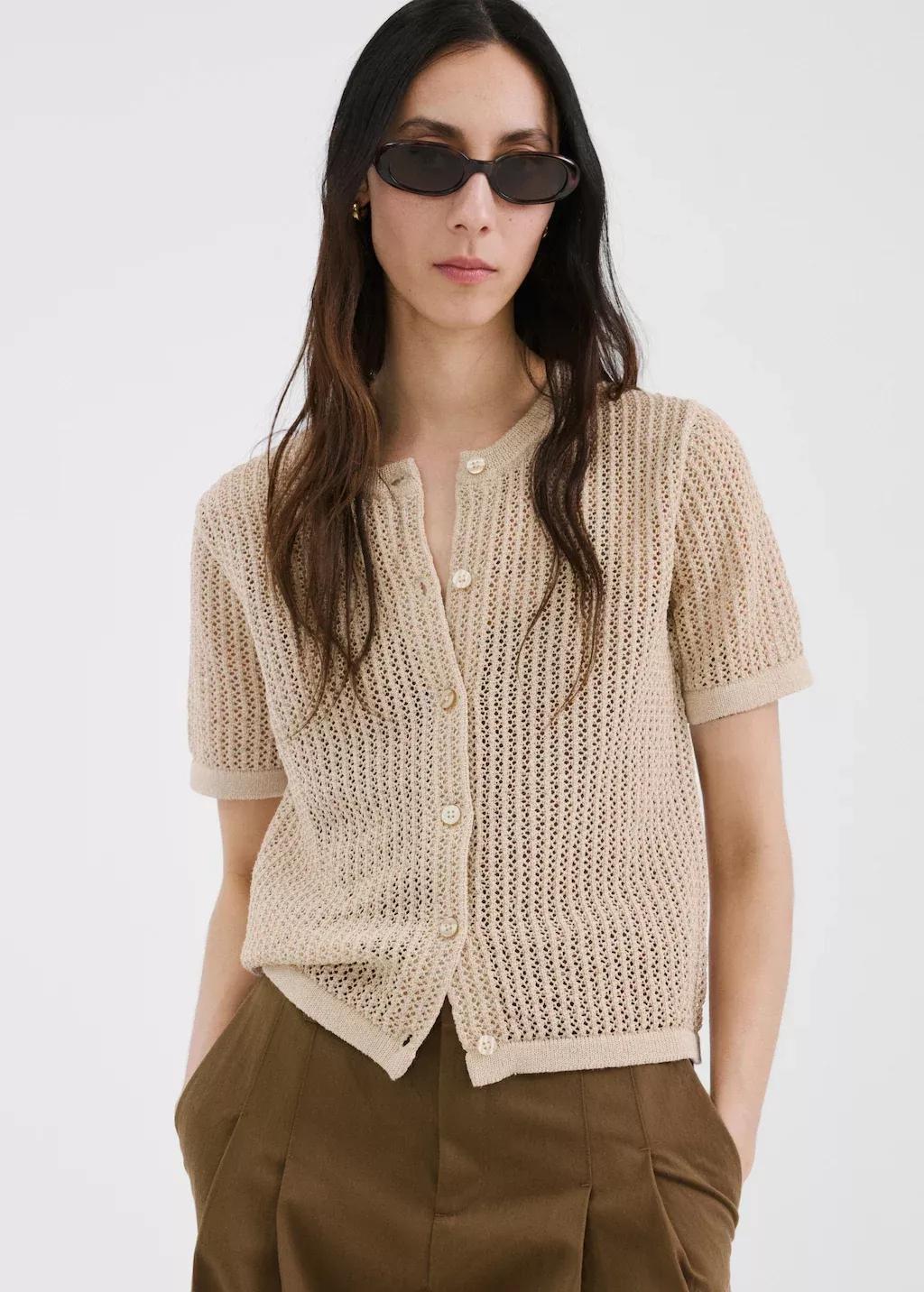 Brown Short-Sleeved Openwork Knitted Cardigan, Light Pastel Brown, large image number 3