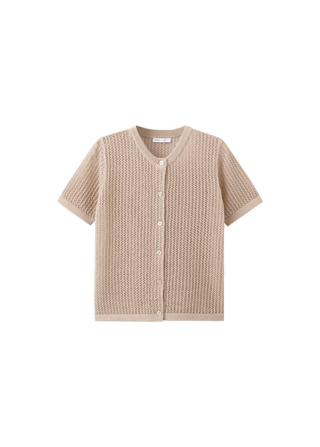Brown Short-Sleeved Openwork Knitted Cardigan, Light Pastel Brown, large image number 5