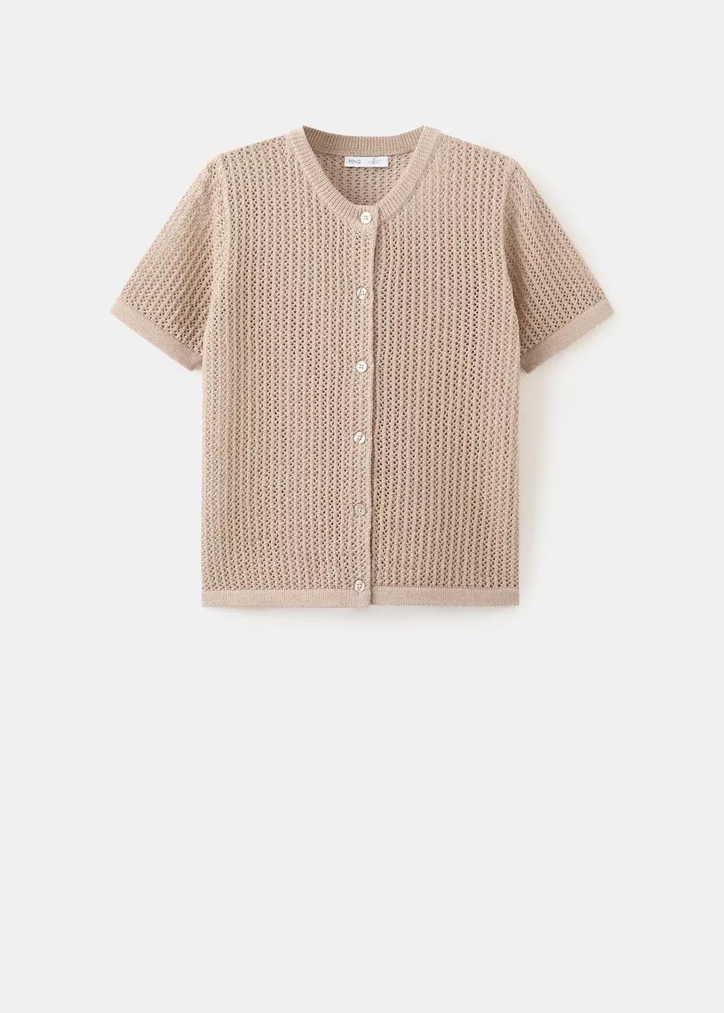 Brown Short-Sleeved Openwork Knitted Cardigan, Light Pastel Brown, large image number 6