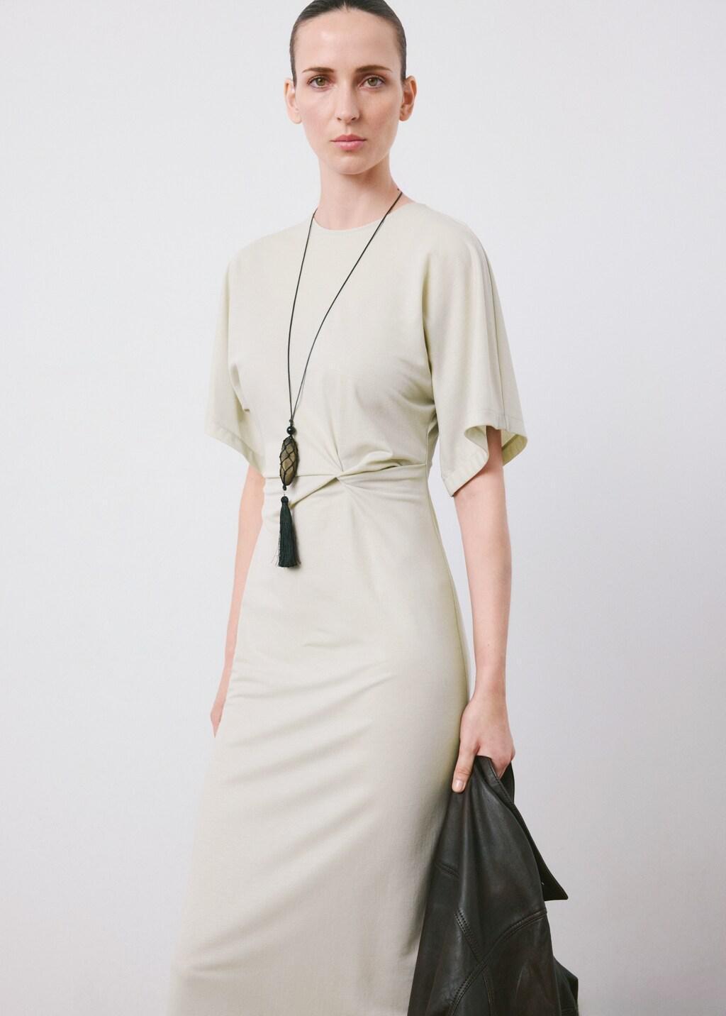 Beige Side Gathered Details Dress, Light Beige, large image number 3